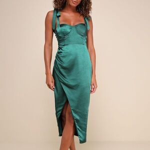 Lulus Graceful Sophistication Emerald Green Satin Tie-strap Midi Dress - Size XS